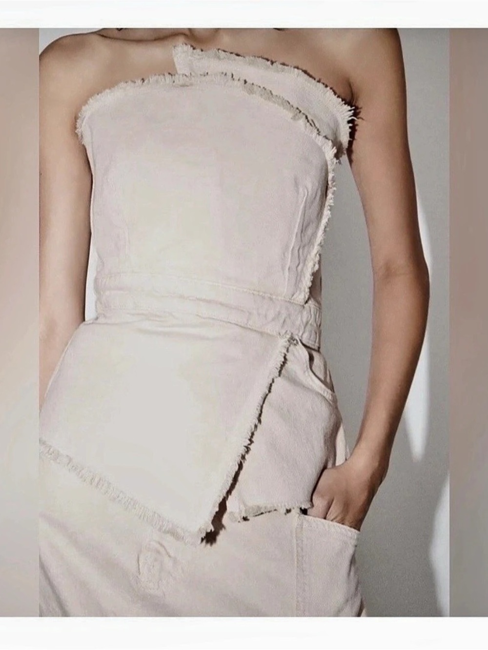 Zara Strapless Frayed Denim Bustier Top in Tan S